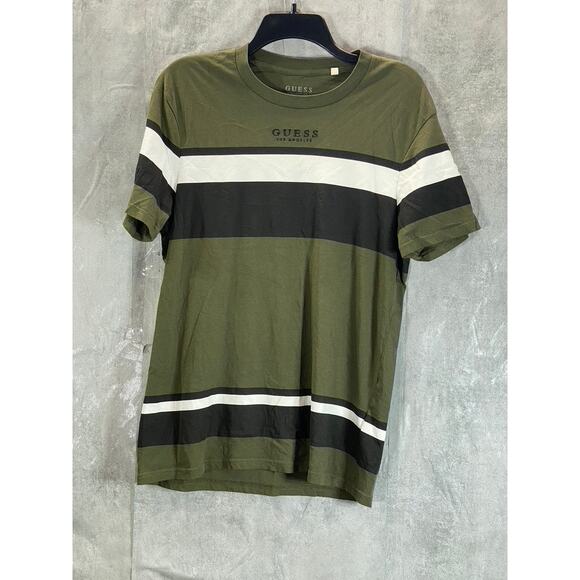 GUESS Men's Olive Green Striped Crewneck Short Sleeve T-Shirt SZ M - Picture 1 of 14